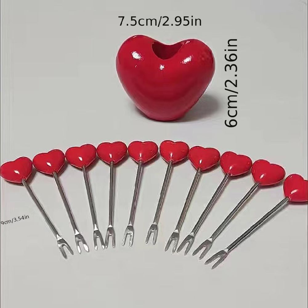 dropship 10pcs; Love Fruit Forks; Stainless Steel Cake Fork Set; Home Snacks Tableware Set; Kitchen Household Items; Valentine's Day Party Favors