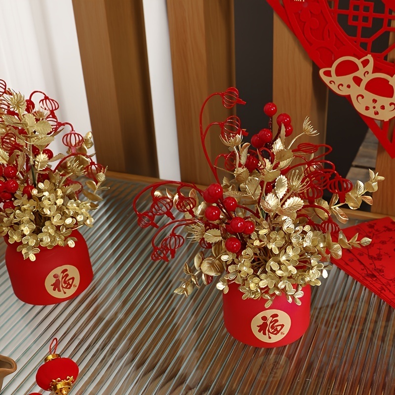 dropship 1pc New Year Spring Festival Pots; Artificial Flowers Plants Festival Pots For New Year Spring Festival Home Restaurant Tabletop Festival Festival Party DIY Decoration