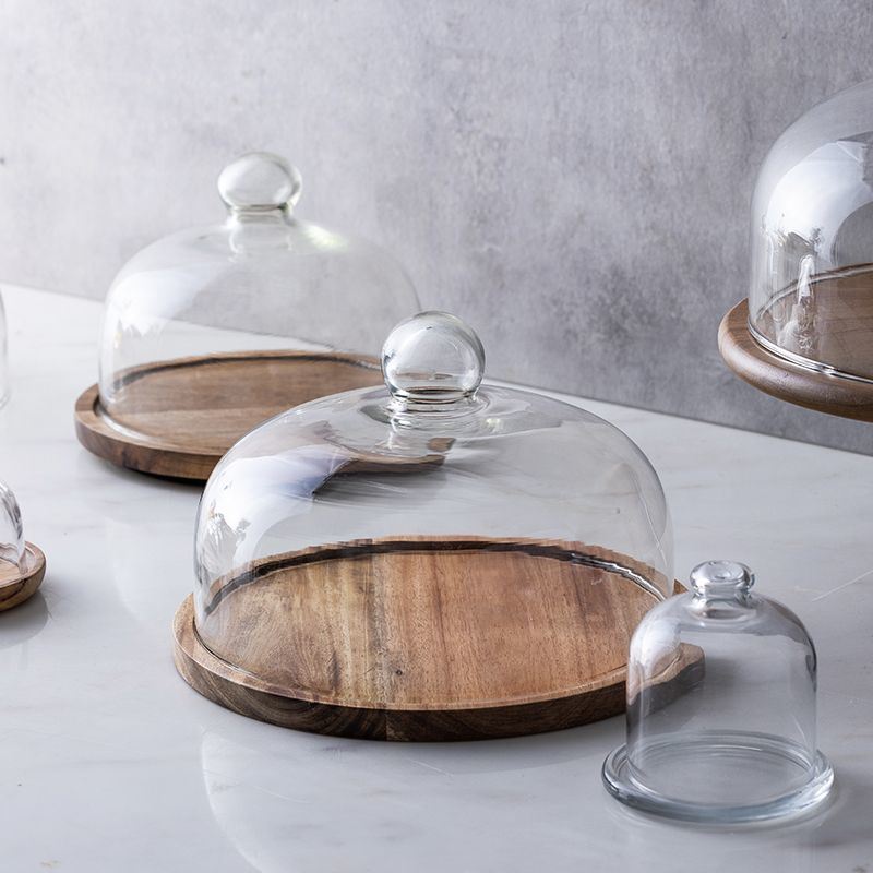 dropship 1pc Pastry Plate WithTransparent Glass Cover; Fruit Plate With Glass Top; Small Circle Wooden Tray With Glass Lid