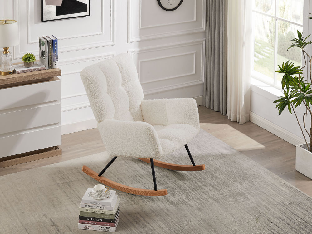 dropship Comfy Upholstered Lounge Chair Rocking Chair with High Backrest, for Nursing Baby, Reading, Napping OFF WHITE