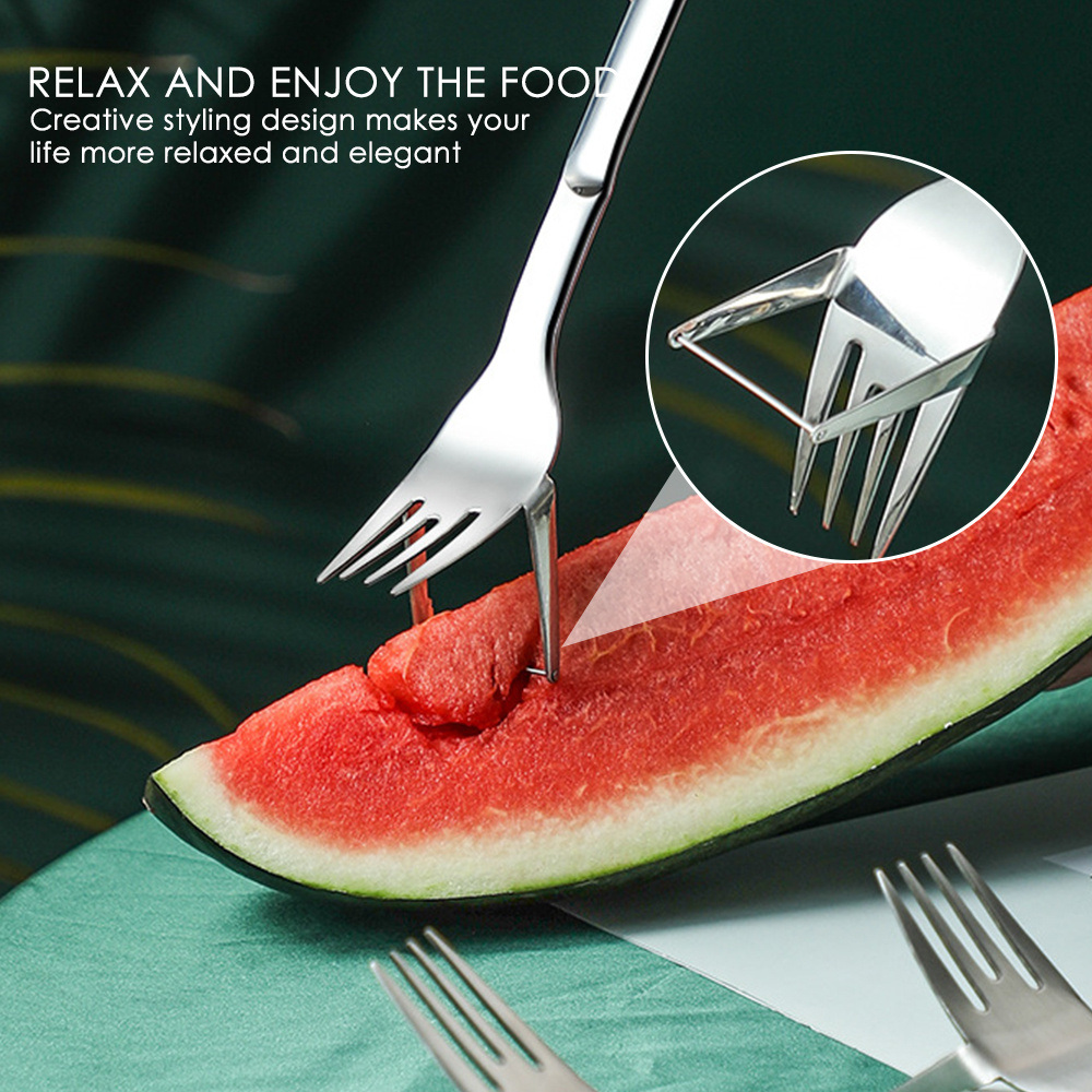 dropship 1pc 2 In 1 Watermelon Slicer With Fork Durable Watermelon Cutter Stainless Steel Watermelon Cutting Ruler For Fruit Plate