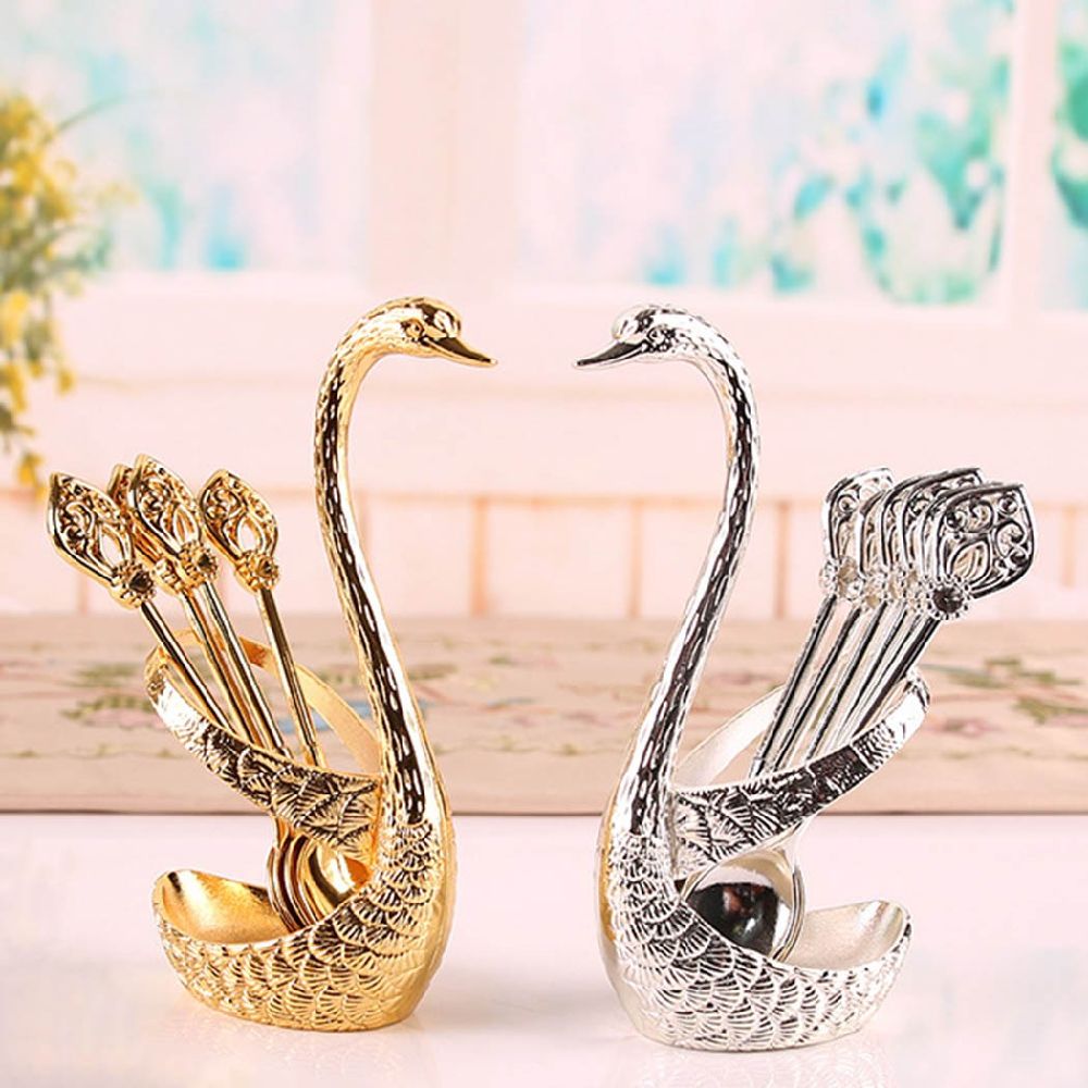 dropship Coffee Spoon Holder For Coffee Bar; 1set Coffee Dessert Spoon Set; Fruit Cake Coffee Tea Spoon; Swan Shaped Base Holder Cutlery Set; Zinc Alloy Metal Tableware