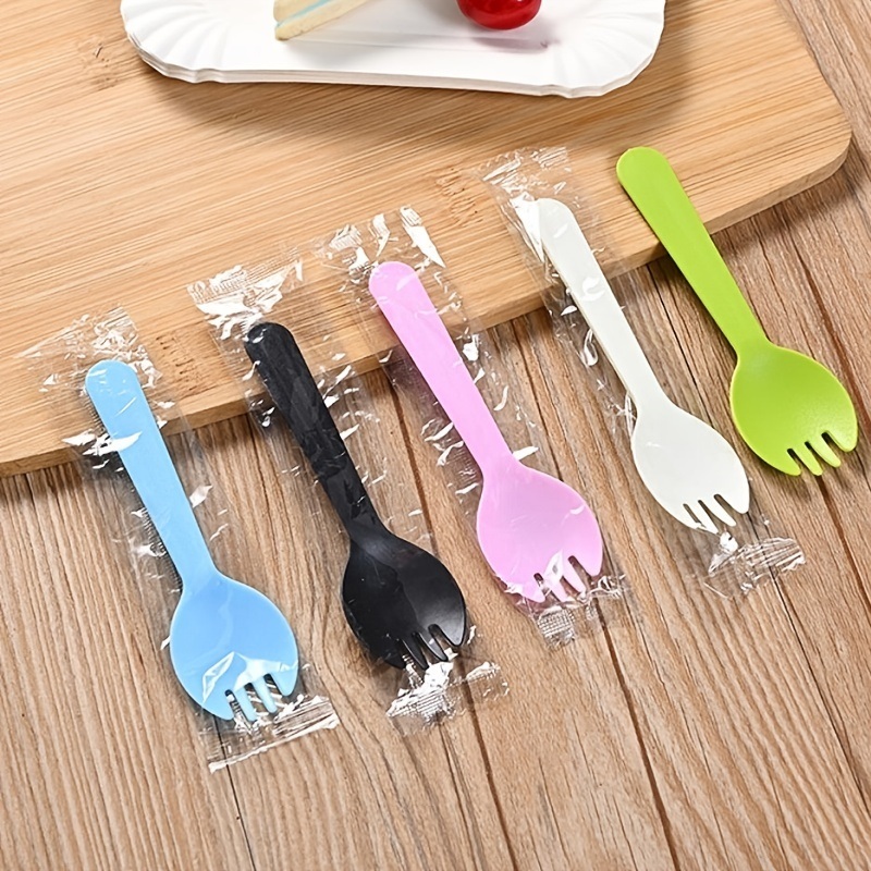 dropship 100pcs/set Disposable Plastic Spoons Forks For Cake Ice Cream Salad Fruit Dessert Soup Tea Coffee Party Cake Baking Shop Supplies