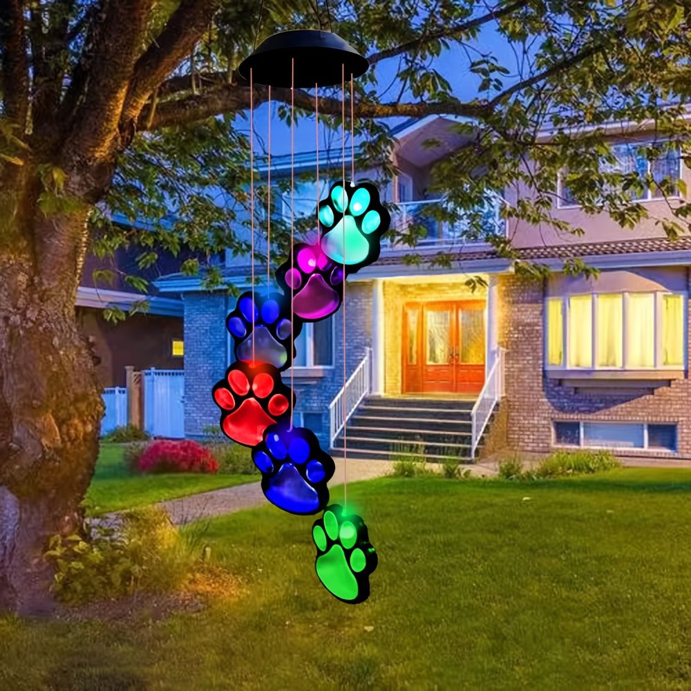 dropship 1pc; Paw Print Solar Wind Chimes For Outside; Dogs Cat Pet Paw Print Remembrance Wind Chimes; Waterproof Color Changing Solar Hanging Lights; Sympathy Gift For Pet Lover; Balcony; Patio; Yard Decor