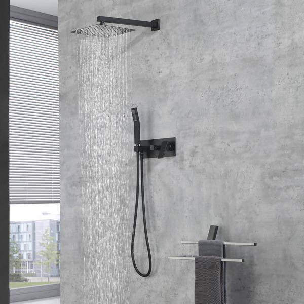 dropship Brass Matte Black Shower Faucet Set Shower System 10 Inch Rainfall Shower Head with Handheld Sprayer Bathroom Luxury Rain Mixer Combo