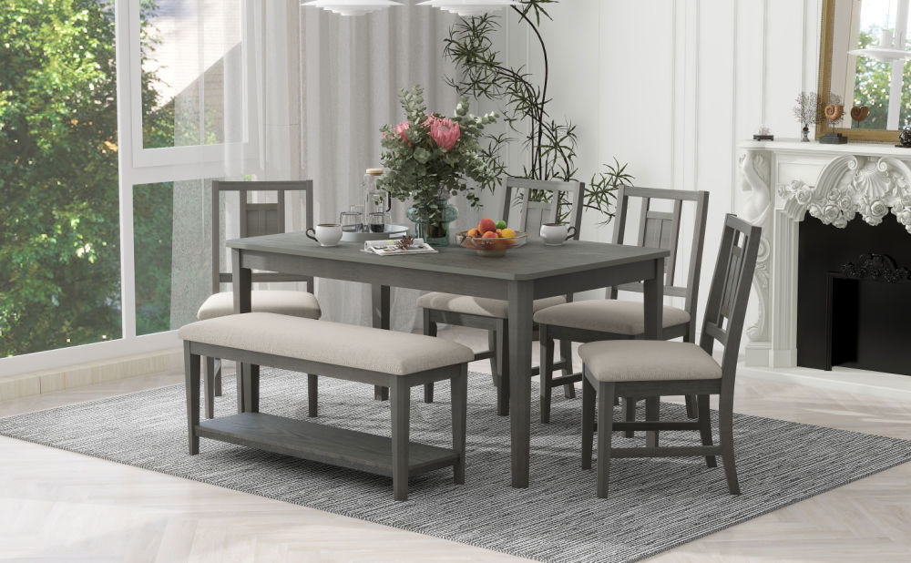 dropship TREXM 6-piece Retro Dining Set, Minimalist Dining Table and 4 upholstered chairs & 1 bench with a shelf for Dining Room(Dark Gray)