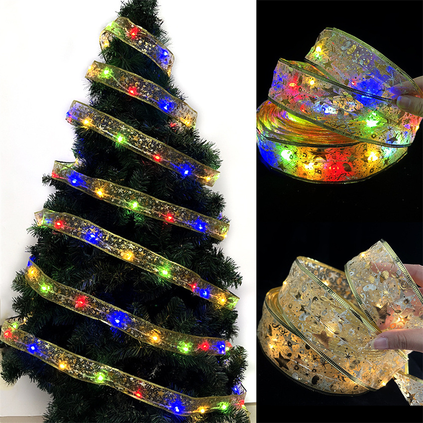 dropship Christmas Decoration LED Ribbon Lights Christmas Tree Ornaments DIY Lace Bows String Light Navidad Home Decoration New Year 2023