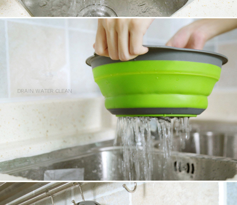 dropship Factory Direct Sales Silicone Foldable Vegetable Basket Kitchen Drain Basket Plastic Vegetable Washing Basin round Creative Vege