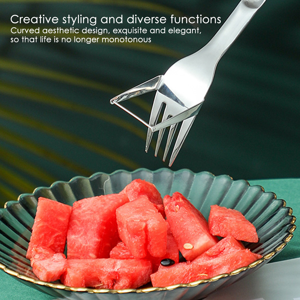 dropship 1pc 2 In 1 Watermelon Slicer With Fork Durable Watermelon Cutter Stainless Steel Watermelon Cutting Ruler For Fruit Plate