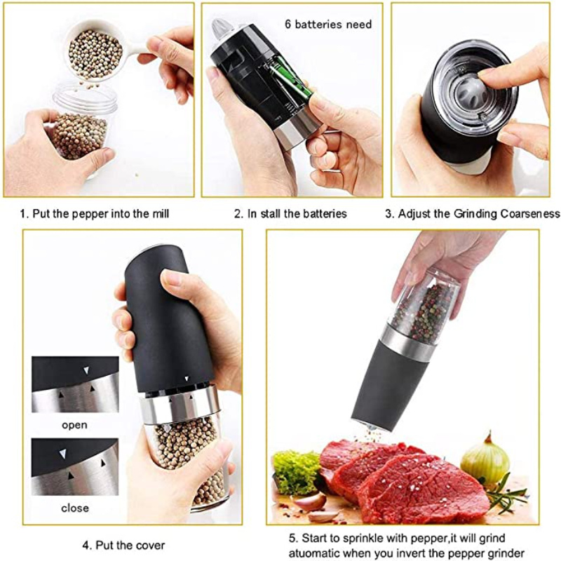 dropship Electric Salt and Pepper Grinders Stainless Steel Automatic Gravity Herb Spice Mill Adjustable Coarseness Kitchen Gadget Sets