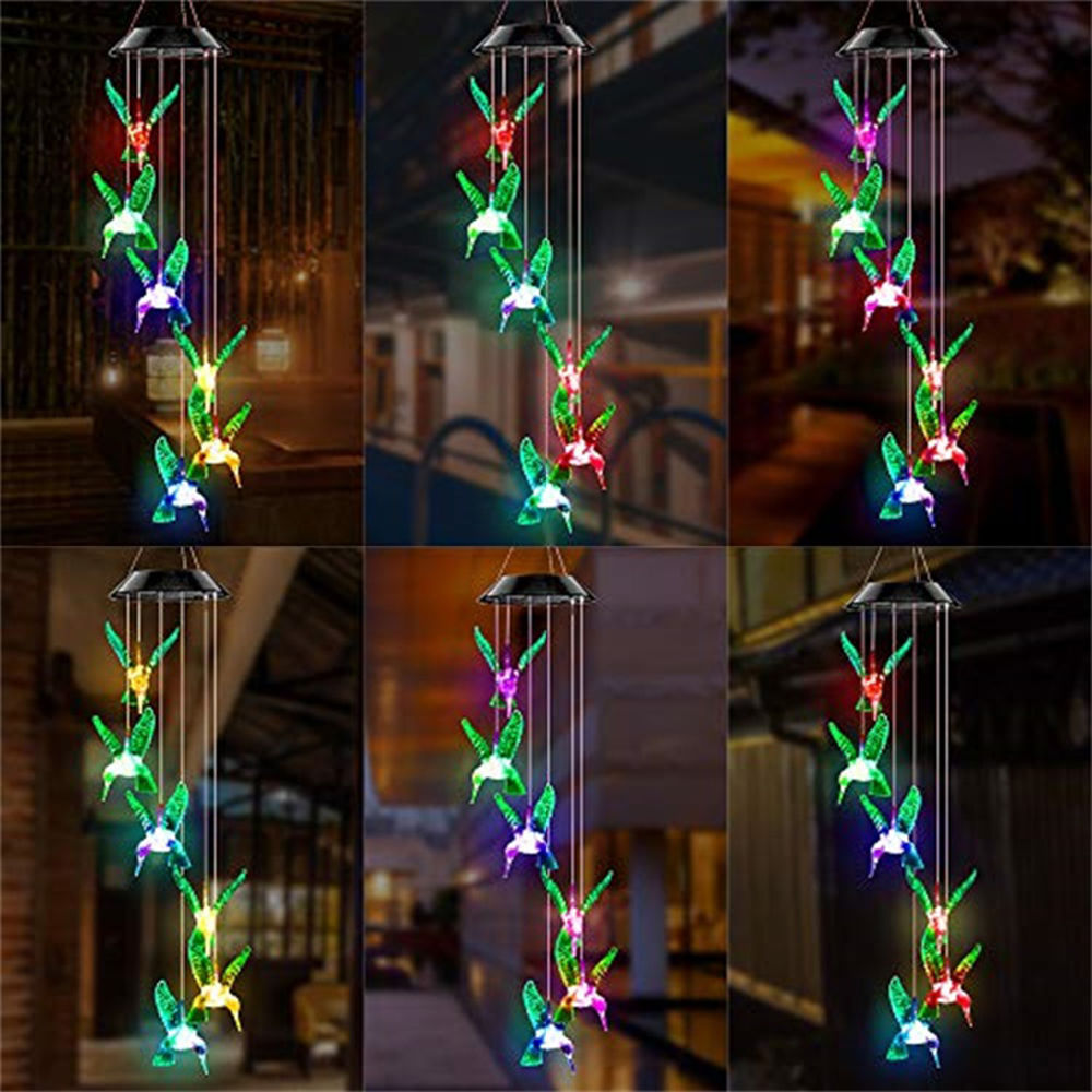 dropship LED Colorful Solar Power Wind Chime Crystal Hummingbird Butterfly Waterproof Outdoor Windchime Solar Light for Garden outdoor