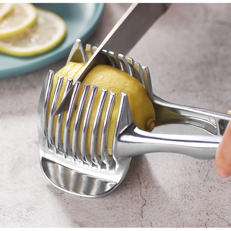 dropship 1pc Tomato Lemon Slicer Holder, Round Fruits Onion Shredder Cutter Guide Tongs With Handle, Stainless Steel Kitchen Cutting Potato Lime Food Stand