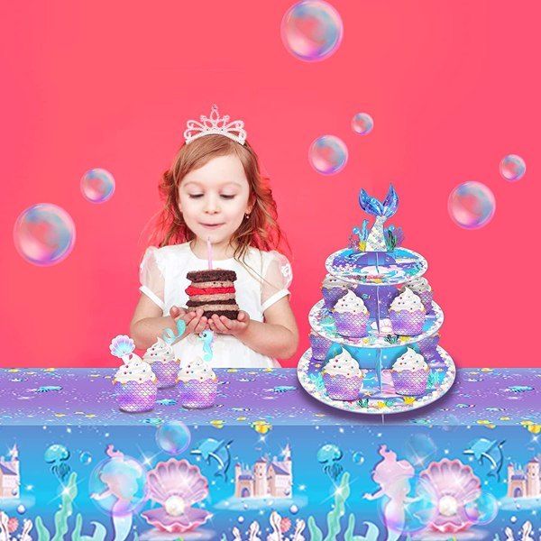 dropship Mermaid Cake Stand Dessert Table Display Set Serving Tray 3-Tier Cardboard Cupcake Stand Holder Tower Round Desserts Pastry Birthday Party Supplies for 12-18 Cupcakes
