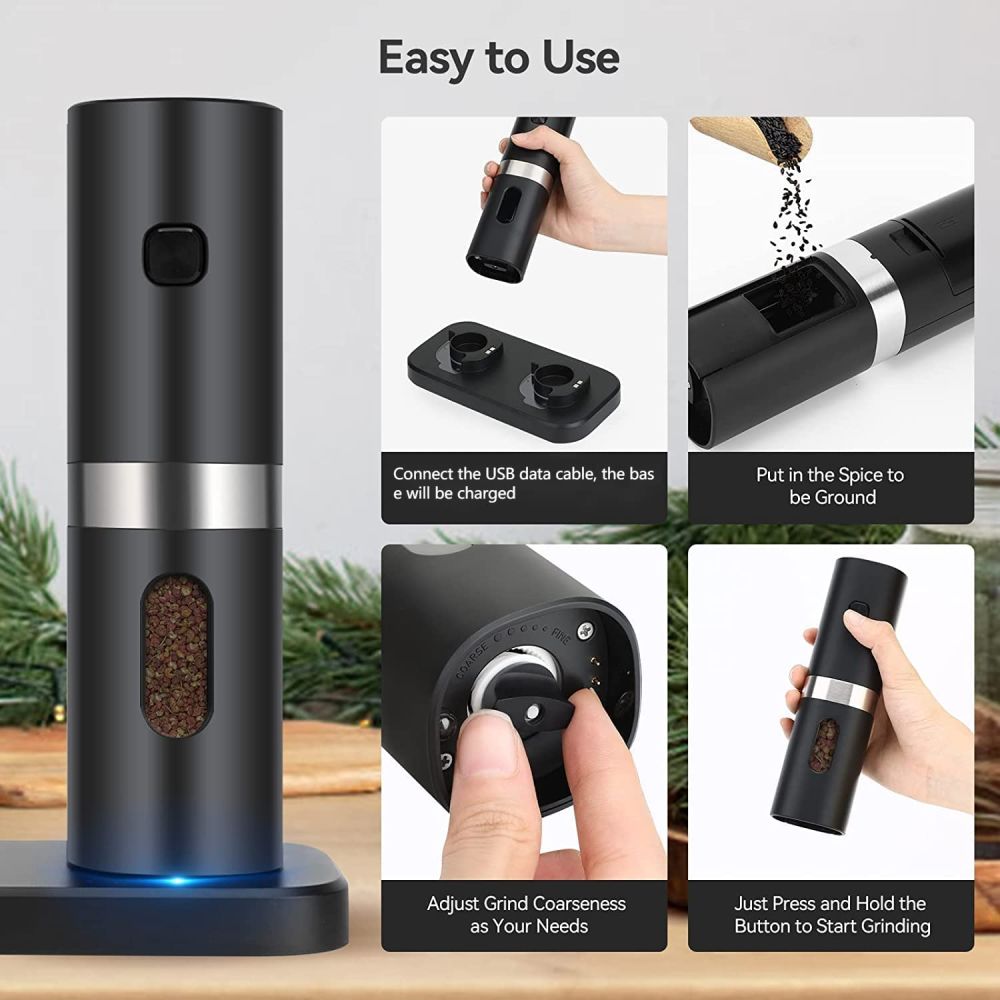 dropship Electric Salt And Pepper Grinder Set With Charging Base Automatic Salt Pepper Mill Refillable Adjustable Coarseness Salt Grinder