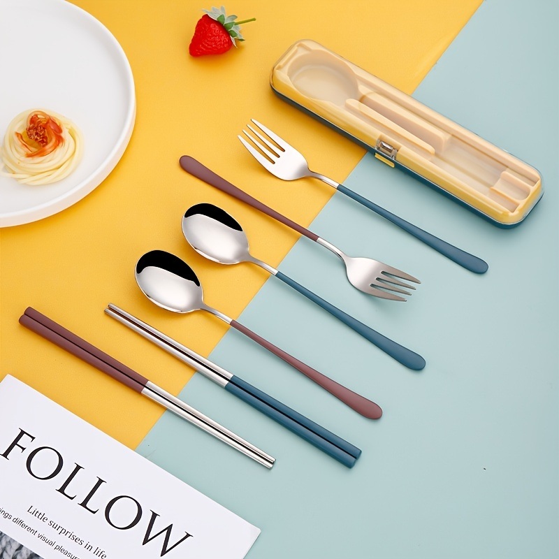 dropship 3pcs Portable Stainless Steel Cutlery Set; Fork Spoon Chopsticks With Case