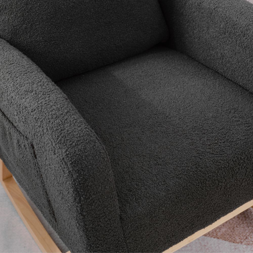 dropship Modern Accent Rocking Chair Rocking Chair with Solid Wood Legs, Upholstered Nursery Glider Rocker, Comfy Armchair with Side Pocket, Living Room Lounge Arm Chair with High Backrest (Dark grey,teddy)