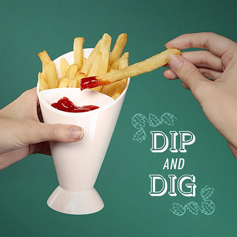 dropship 1pc Plastic French Fry / Chip Dish + Dipping Sauce; Chip Cup For Chips & Salsa; French Fries & Ketchup; Vegetables & Dip