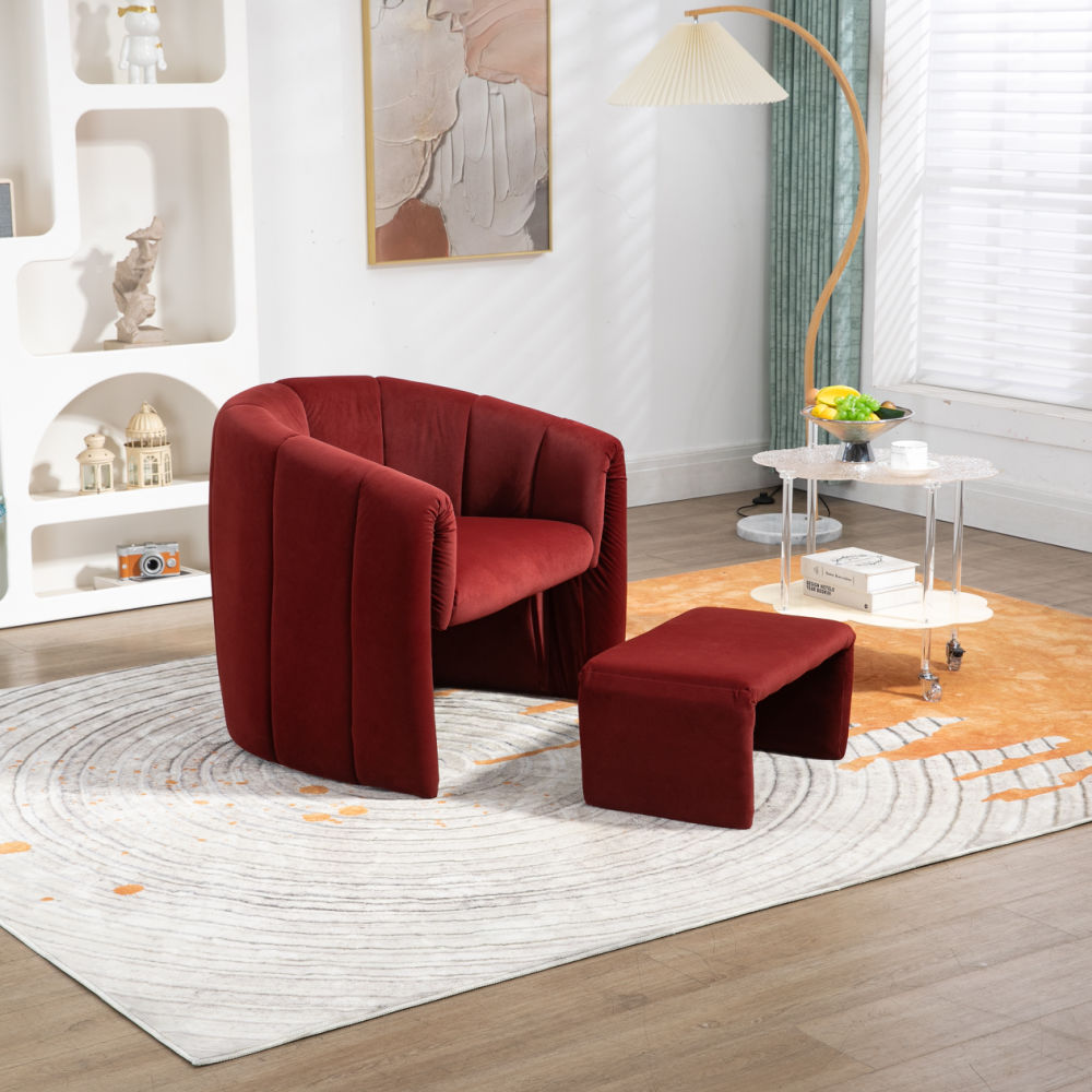 dropship COOLMORE Accent Chair with Ottoman, Mid Century Modern Barrel Chair Upholstered Club Tub Round Arms Chair for Living Room