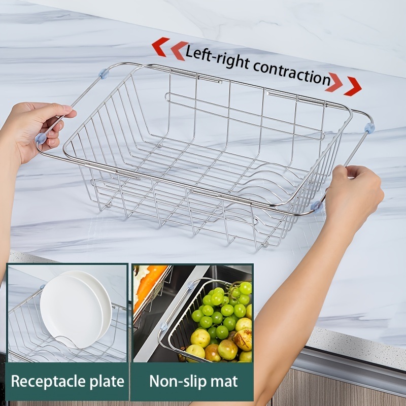 dropship 1pc Drain Rack; Drain Basket; Stainless Steel Kitchen Basket; Home Utensil Holder; Sink Basket; Retractable Sink Rack Suitable For Rectangular Sink Bowl Plate Organizer Storage