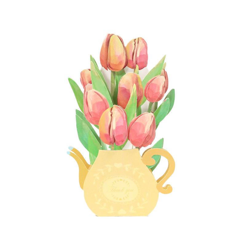 dropship 3pcs 3D Tulip Flower Greeting Card; Birthday Blessing Creative Handmade Paper Carving Ornament Greeting Card For Mom; Message Blessing Card; Best Mother's Day Gift