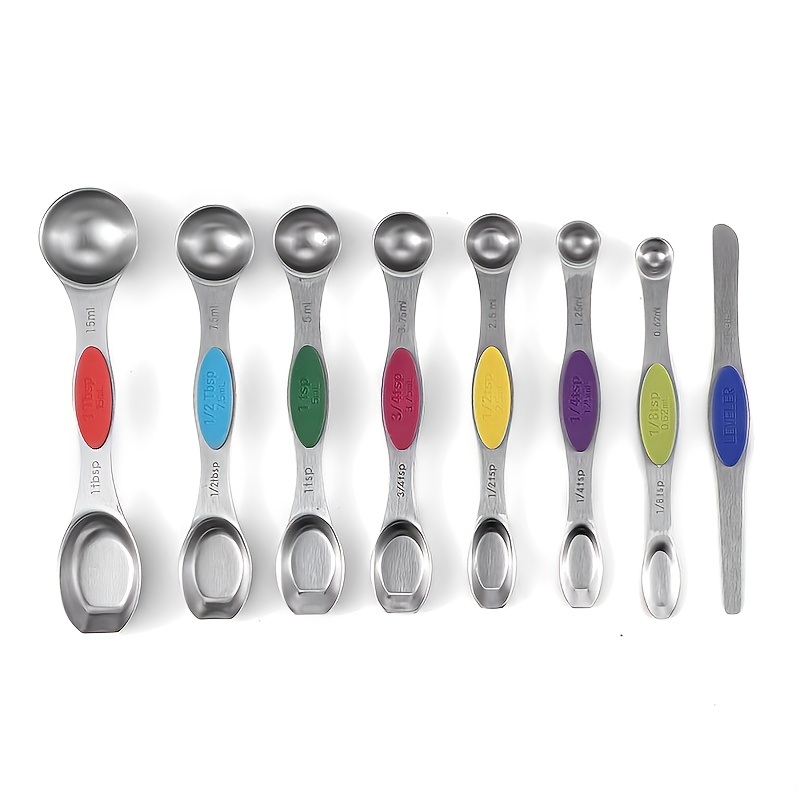 dropship Set Of 8; Magnetic Measuring Spoon Set; Double Sided Stainless Steel Measuring Spoons; Fits In Spice Jars; Stackable Teaspoons; For Measuring Dry And Liquid Ingredients