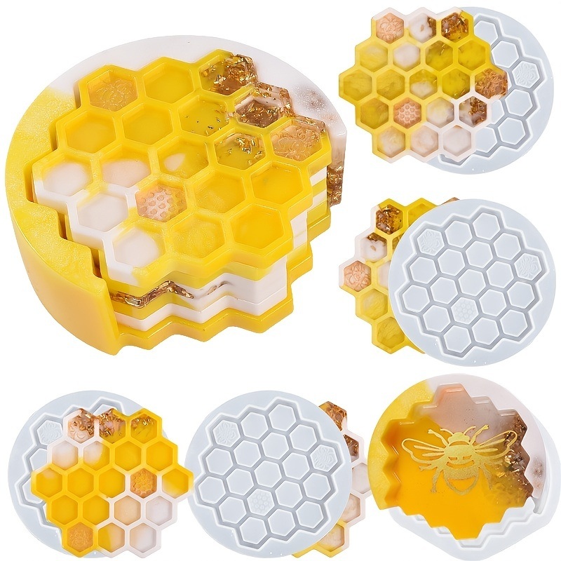 dropship 1pc/5pcs Crystal Drip Rubber Bee Coaster Honeycomb Honeycomb Coaster Setting Table Spacer Silicone Mold