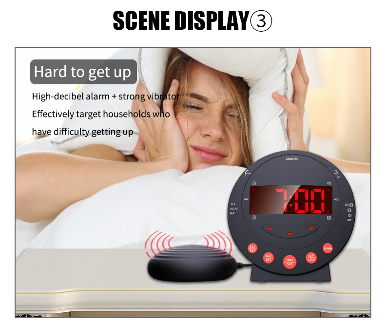 dropship LED Vibrating Loud Alarm Clock Strong Bed Vibration Shaker for Heavy Sleepers Deaf Senior Kids Display Dimmer Snooze USB Charger