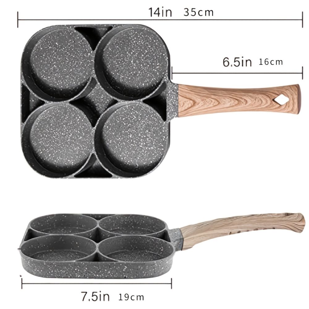 dropship 1pc Fry Pan For Egg, Non Stick Ham Pancake Maker, Egg Burger Pan With Wooden Handle, 4 Holes, For Induction Cooker Gas Stove