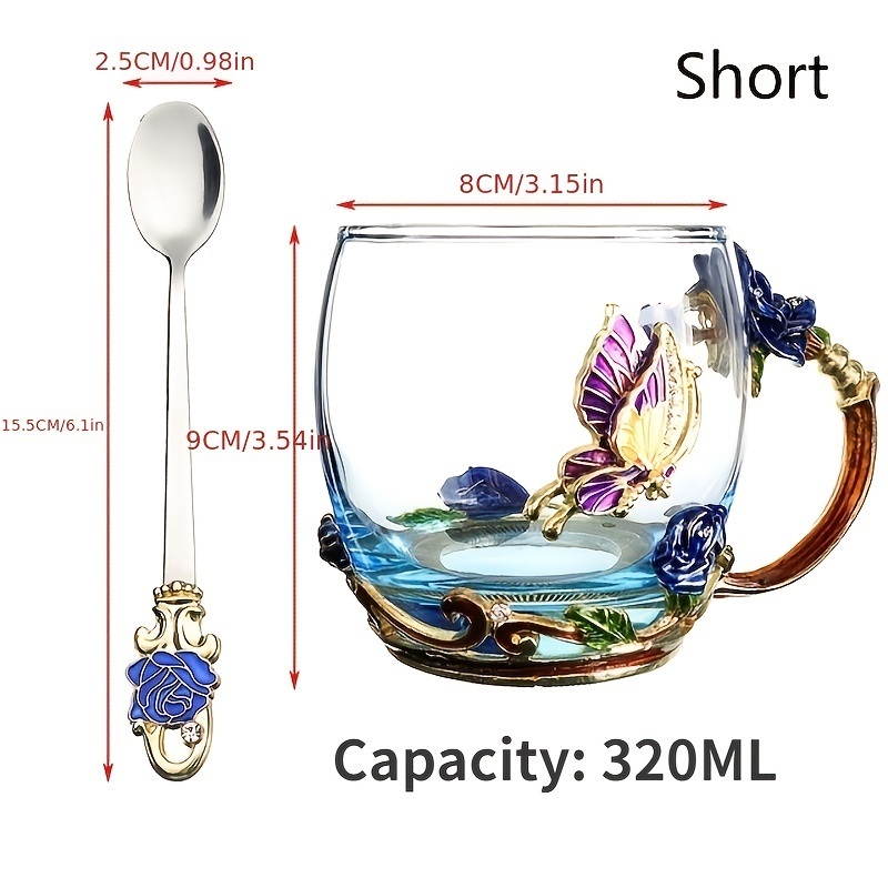 dropship 1pc Rose Enamel Crystal Tea Cup; Coffee Mug; Tumbler Butterfly Rose Painted Flower Water Cups; Clear Glass With Spoon Set