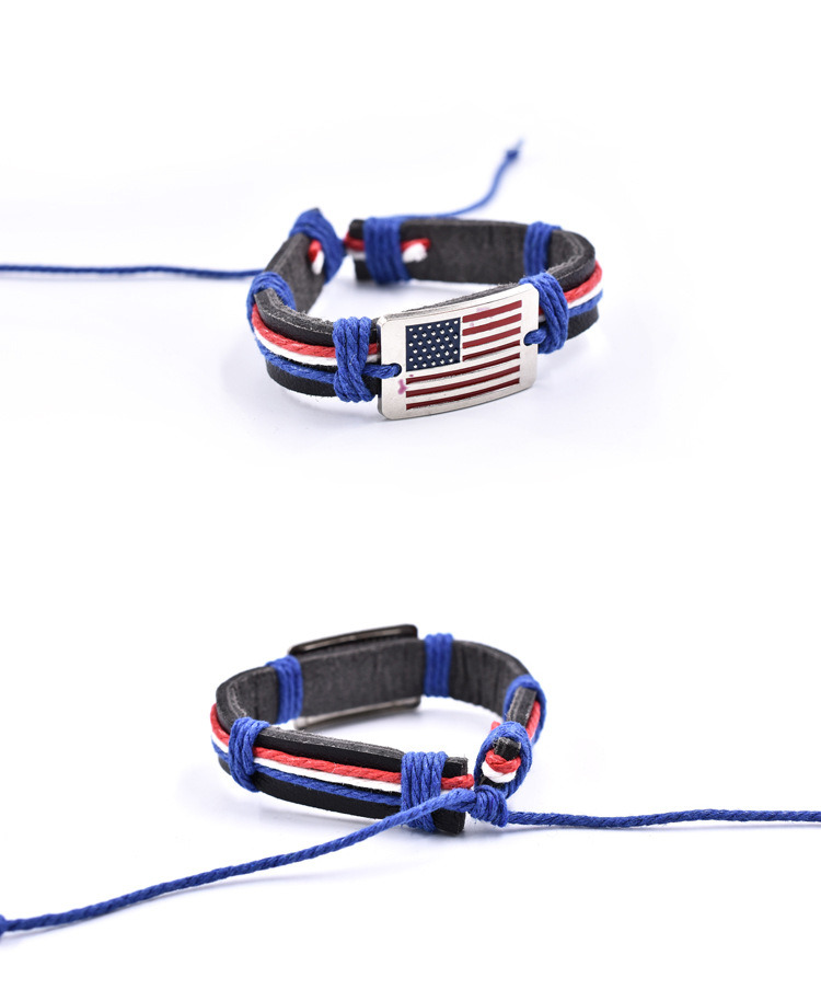 dropship Flag Shape Pattern Braided Bracelet With PU Leather Chain Independence Day Presidents Day Decoration