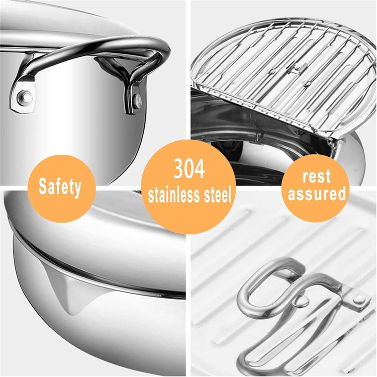 dropship 1pc Tempura Deep Fry Pot, Thickened 304 Stainless Steel Tempura Fryer With Thermometer, Japanese Style Tempura Fryer Pan