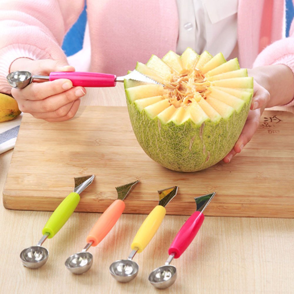 dropship Double Head Stainless Steel Fruit Digging Spoon; Corrugated Carving Knife Watermelon Fruit Platter Tool; Spoon Digger