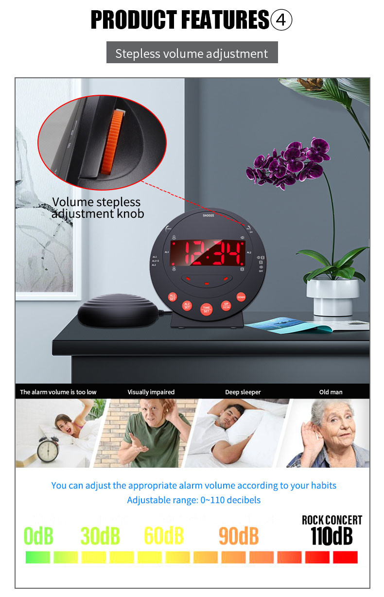 dropship LED Vibrating Loud Alarm Clock Strong Bed Vibration Shaker for Heavy Sleepers Deaf Senior Kids Display Dimmer Snooze USB Charger
