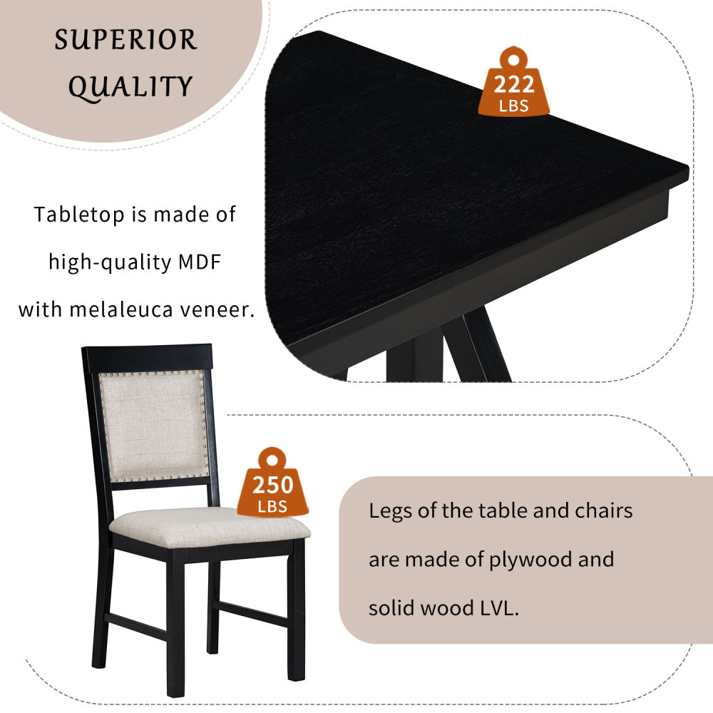 dropship TREXM 5-Piece Retro Dining Set, Rectangular Wooden Dining Table and 4 Upholstered Chairs for Dining Room and Kitchen (Black)