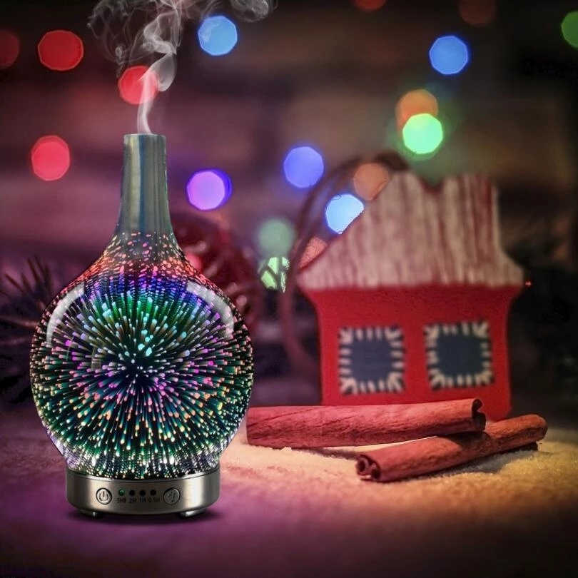dropship 3D Fireworks Glass Vase Humidifier with 7 Color Led Night Light Aroma Essential Oil Diffuser Cool Mist Maker for Home Office