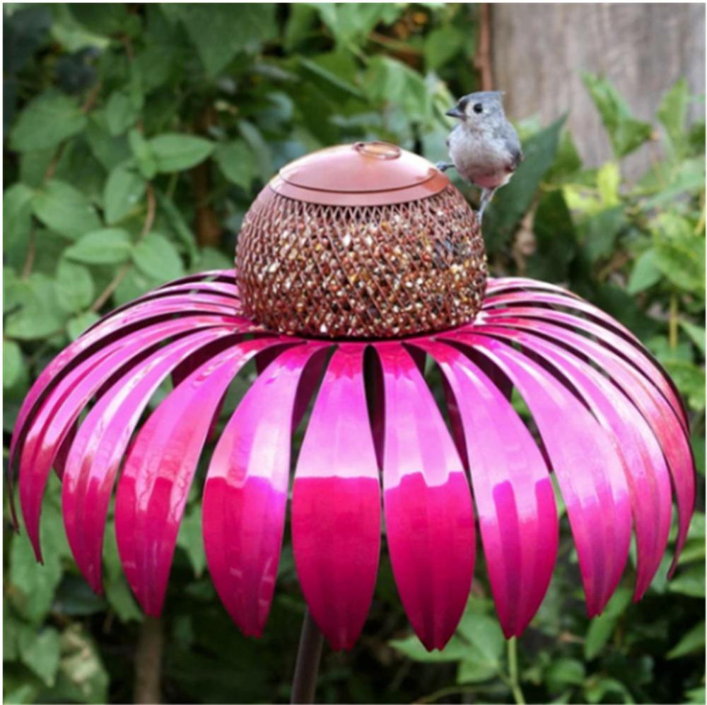 dropship Pink Coneflower Bird Feeder Outdoor Decoration Garden Flower Picaflor Wild Bird Feeder Feeding Outside Rust Resistant Art Metal