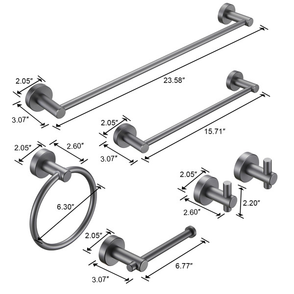 dropship Bathroom Hardware Set; Thicken Space Aluminum 6 PCS Towel bar Set- Gun Grey 24 Inches Wall Mounted
