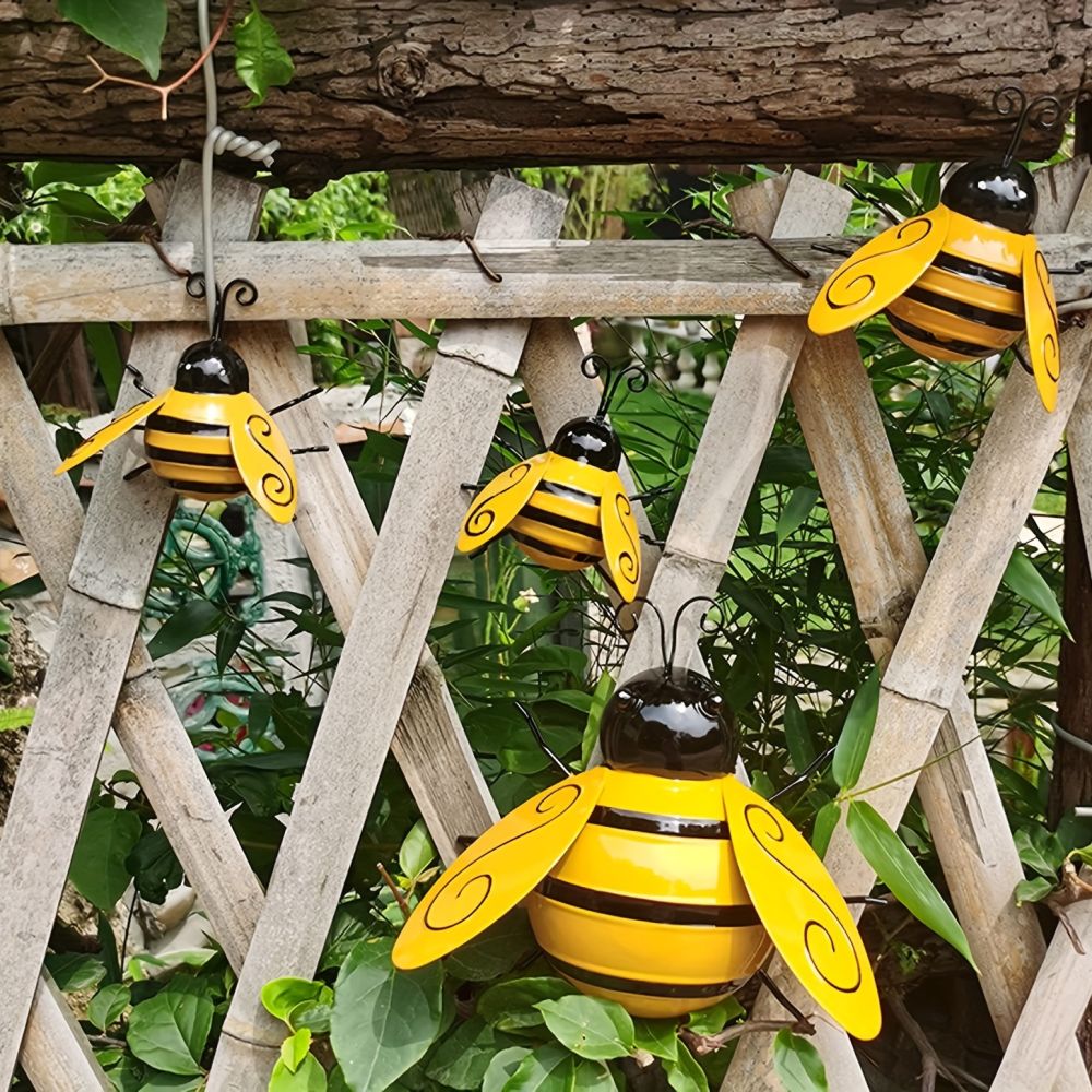 dropship 4pcs; Metal Wall Art; Metal Bumble Bee Wall Decor; 3D Iron Bee Art Sculpture Hanging Wall Decorations For Outdoor Home Garden
