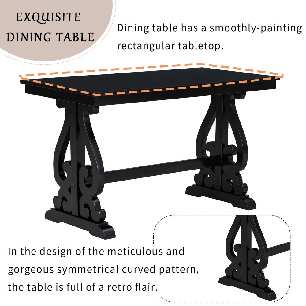 dropship TREXM 5-Piece Retro Dining Set, Rectangular Wooden Dining Table and 4 Upholstered Chairs for Dining Room and Kitchen (Black)