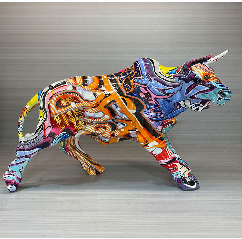 dropship NORTHEUINS Graffiti Painting Resin Bull Figurines Home Living Room Bedroom Office Desktop Feng Shui Ornaments Collection Statues