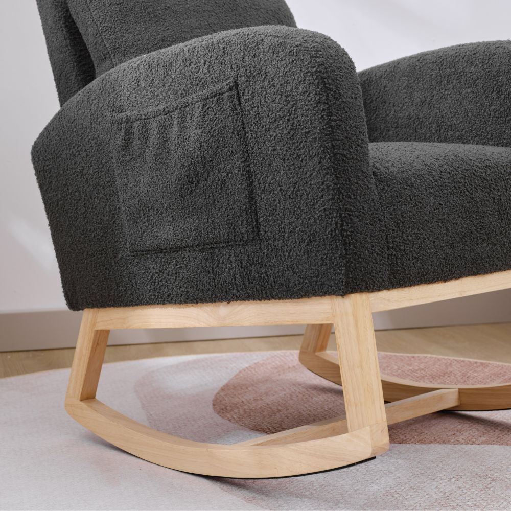 dropship Modern Accent Rocking Chair Rocking Chair with Solid Wood Legs, Upholstered Nursery Glider Rocker, Comfy Armchair with Side Pocket, Living Room Lounge Arm Chair with High Backrest (Dark grey,teddy)