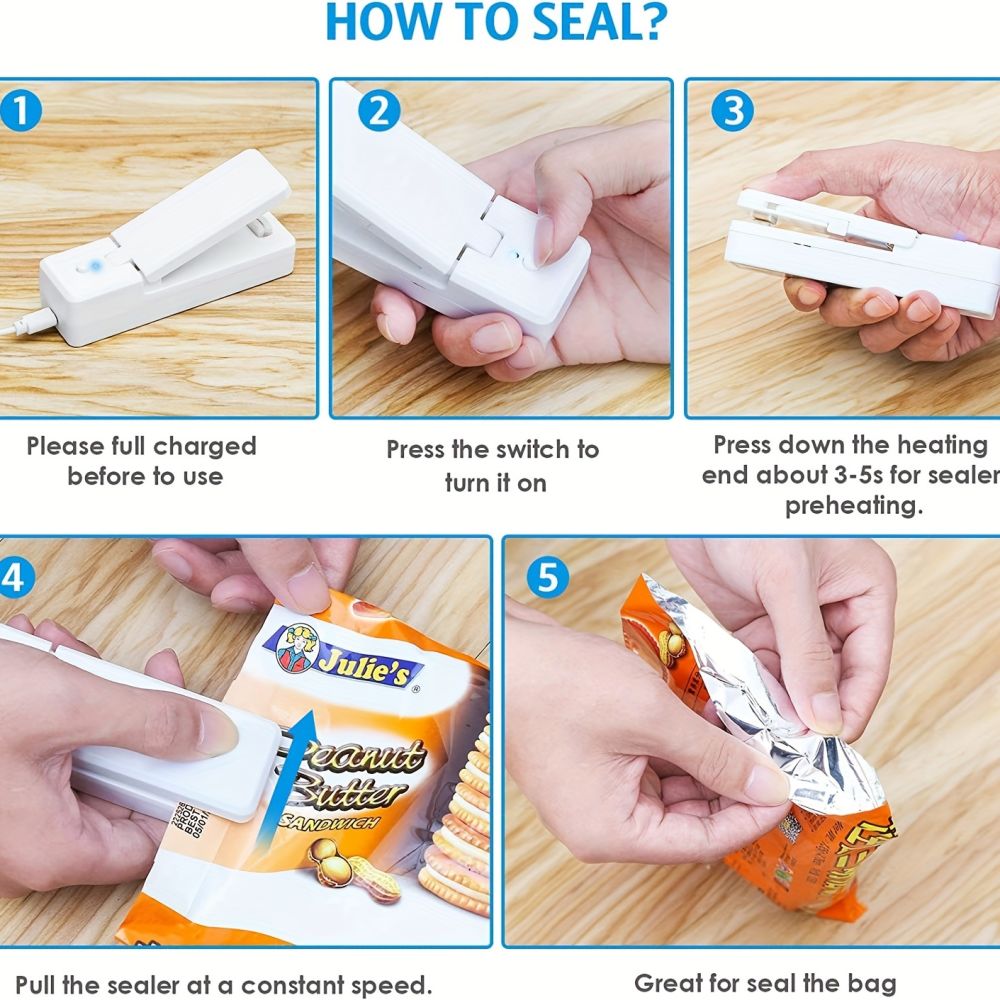 dropship 1pc Mini Bag Sealer; Rechargeable Portable Sealing Machine; Handheld Heat Vacuum Sealers For Plastic Bags; Kitchen Tools