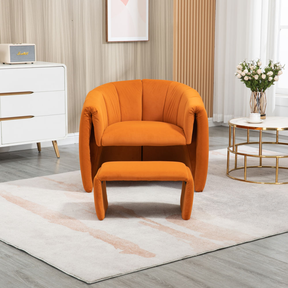 dropship COOLMORE Accent Chair with Ottoman, Mid Century Modern Barrel Chair Upholstered Club Tub Round Arms Chair for Living Room