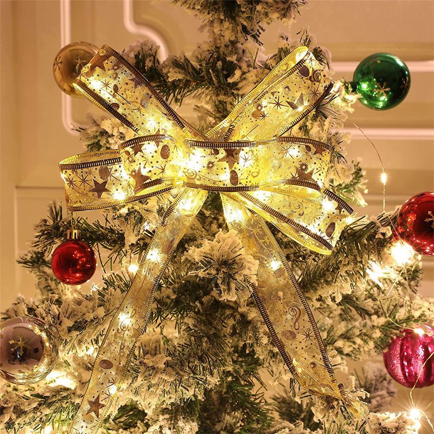 dropship Christmas Decoration LED Ribbon Lights Christmas Tree Ornaments DIY Lace Bows String Light Navidad Home Decoration New Year 2023