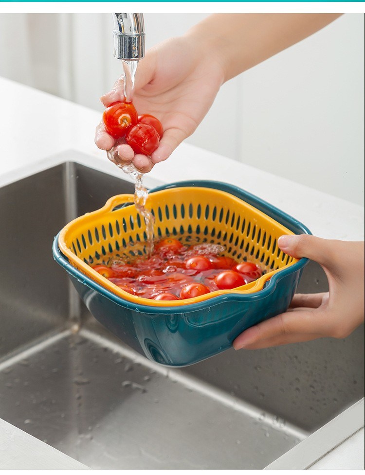 dropship Small Kitchen Double Drain Basket Bowl Washing Storage Basket Strainers Bowls Drainer Vegetable Cleaning Tool