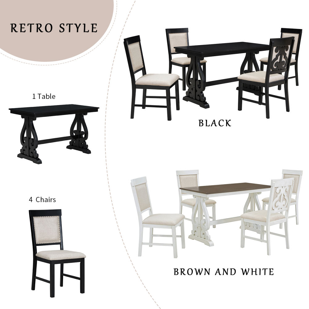 dropship TREXM 5-Piece Retro Dining Set, Rectangular Wooden Dining Table and 4 Upholstered Chairs for Dining Room and Kitchen (Black)