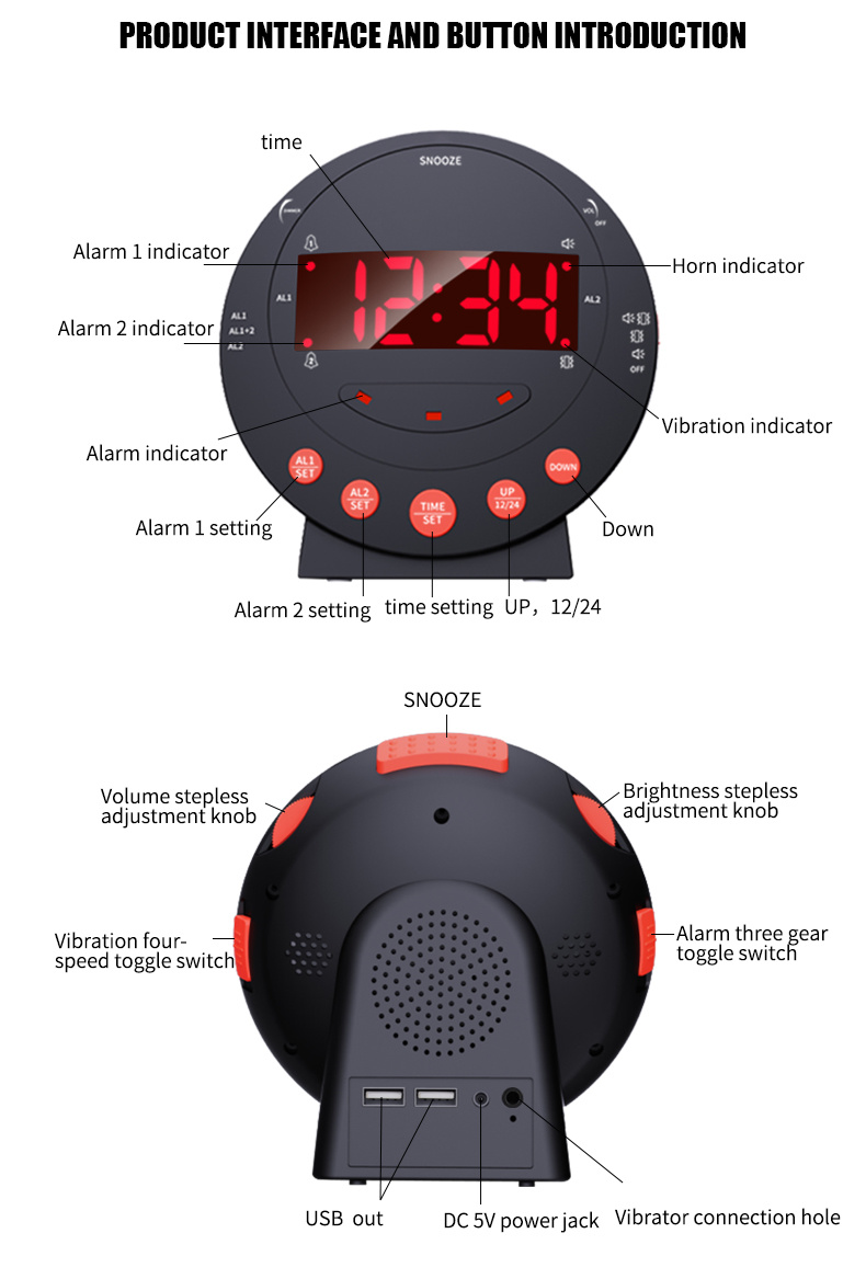 dropship LED Vibrating Loud Alarm Clock Strong Bed Vibration Shaker for Heavy Sleepers Deaf Senior Kids Display Dimmer Snooze USB Charger