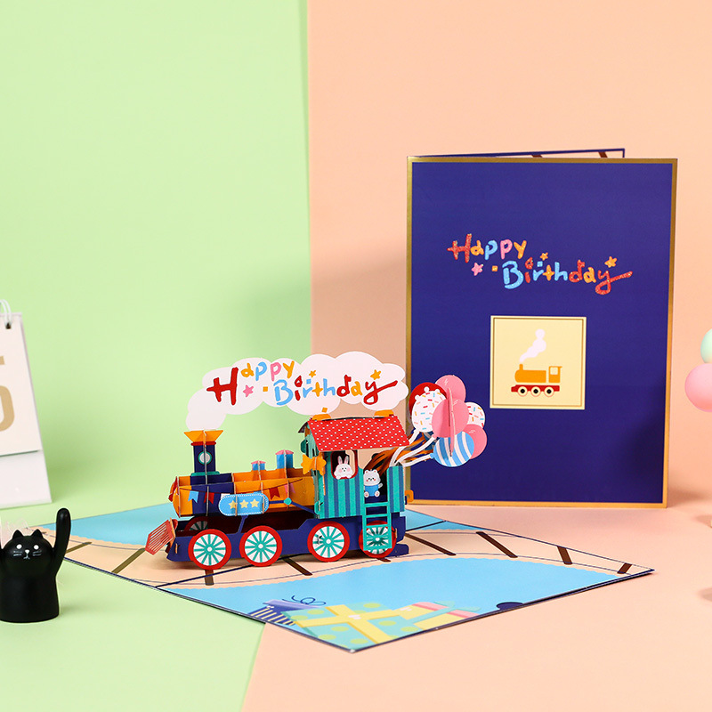 dropship 1pc 3D Birthday Cake Greeting Card; New Train Handwritten Card; Creative Children's Gift; Pop Up Greeting Card; Pop Up Card