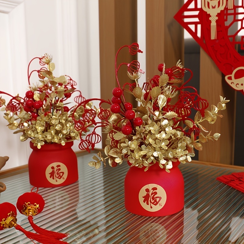 dropship 1pc New Year Spring Festival Pots; Artificial Flowers Plants Festival Pots For New Year Spring Festival Home Restaurant Tabletop Festival Festival Party DIY Decoration