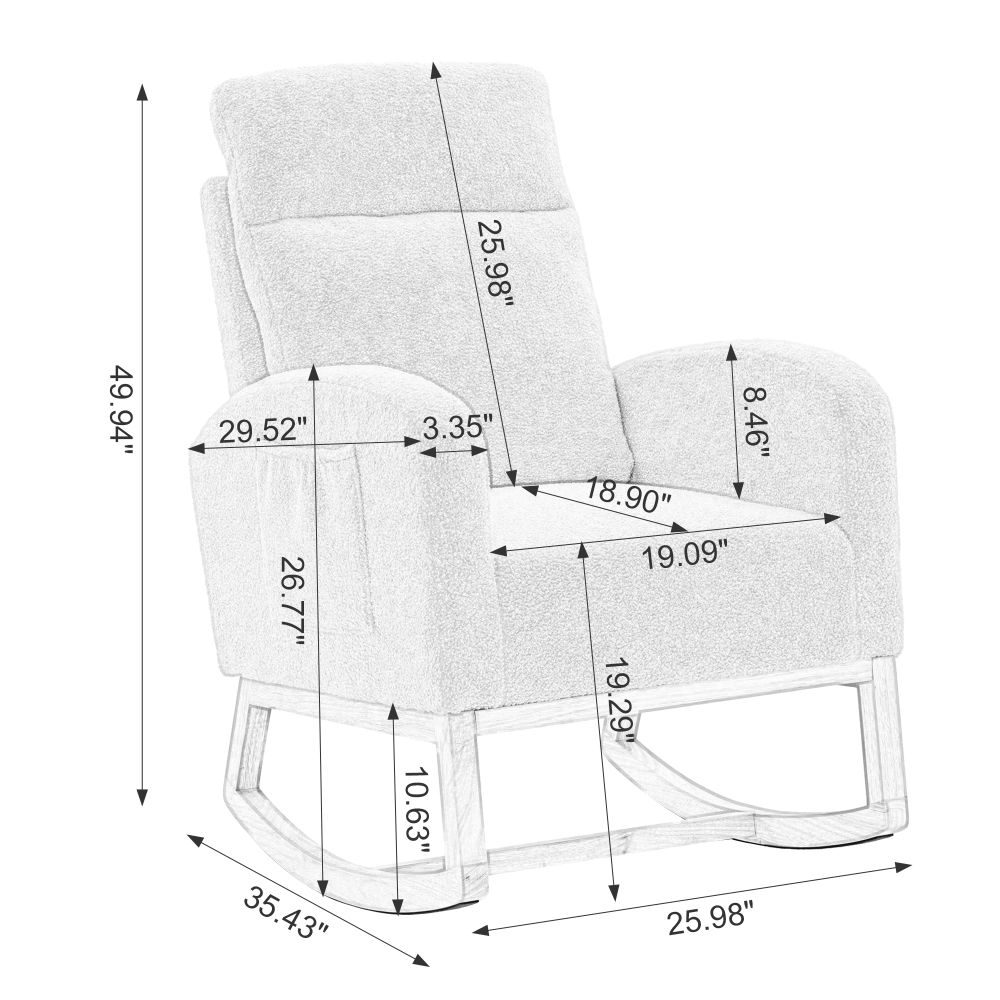 dropship Modern Accent Rocking Chair Rocking Chair with Solid Wood Legs, Upholstered Nursery Glider Rocker, Comfy Armchair with Side Pocket, Living Room Lounge Arm Chair with High Backrest (Dark grey,teddy)